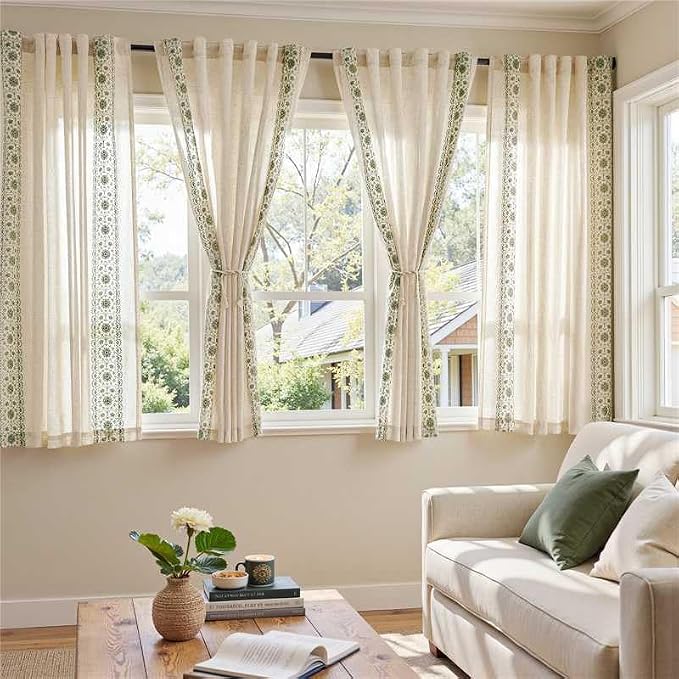 jinchan Floral Linen Curtains Embroidered Back Tab 50x63in 2 Panels Sage | - Image 2
