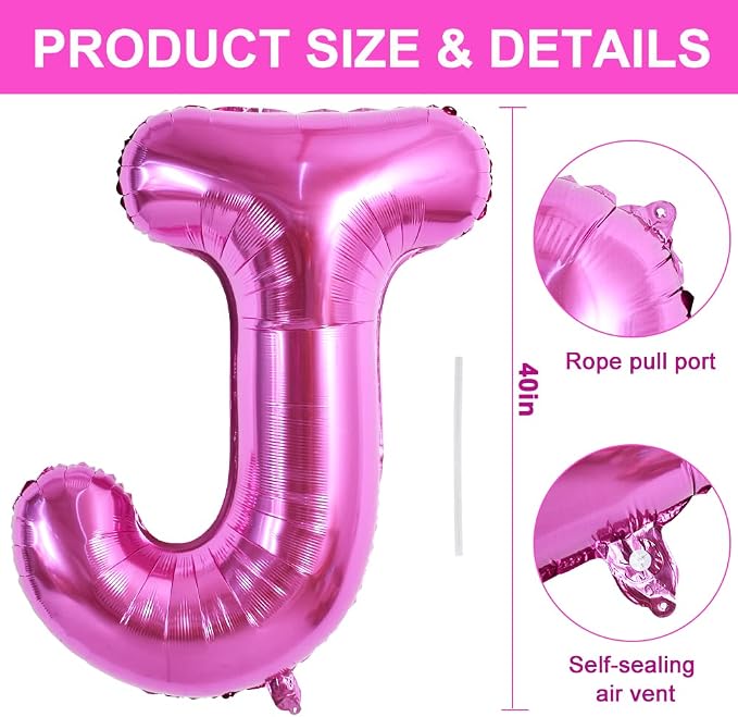 TONIFUL 40 Inch Large Rose Red Letter J Balloons, Giant Hot Pink Alphabet - Image 2