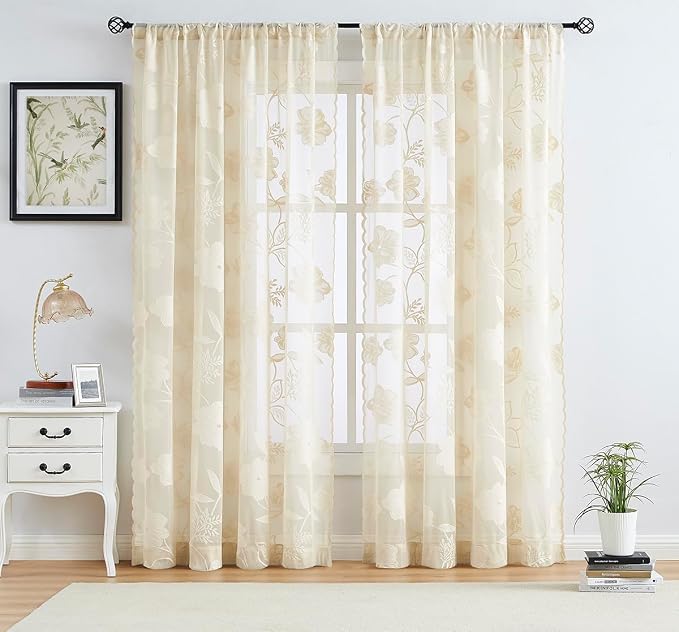 Beige Lace Sheer Curtains for Bedroom Living Room 95 Inch Length Light - Image 2