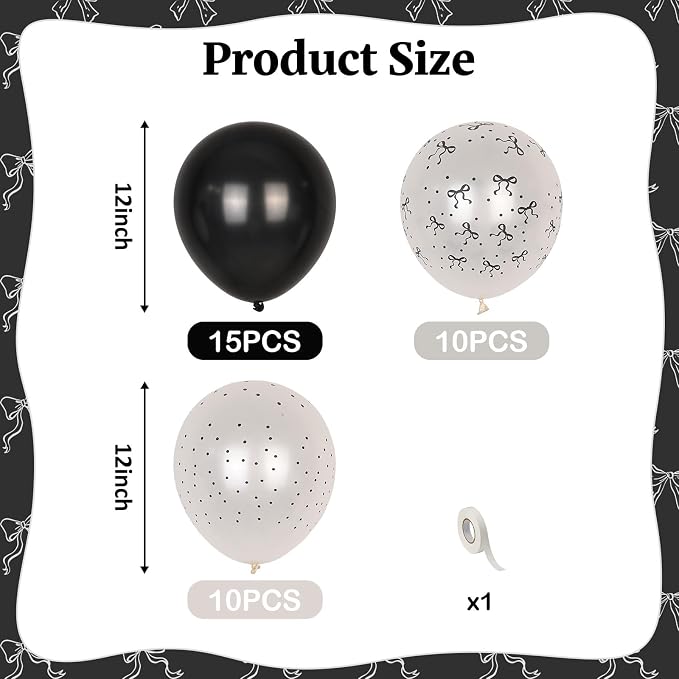 Black and White Bow Balloons, Pearl Black White Bow Print Latex Balloons - Image 2
