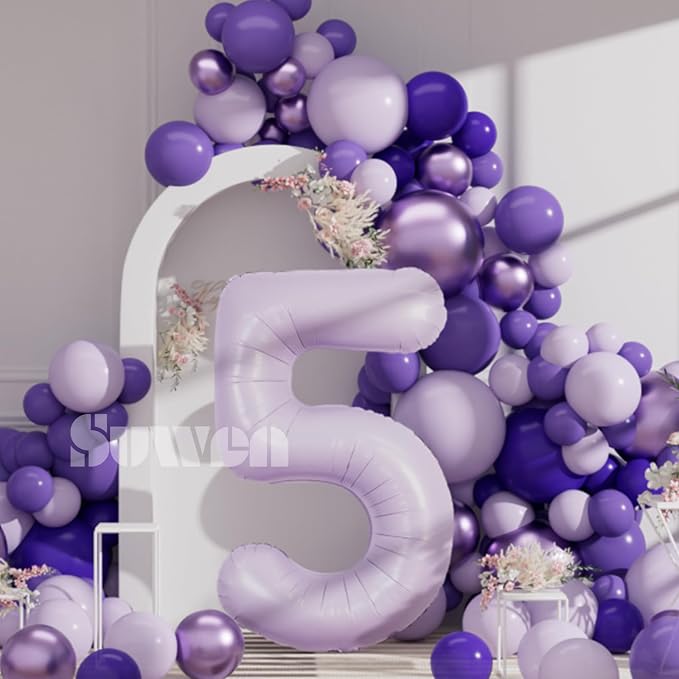 SUWEN 40 Inch Light Purple Lavender Big 5 Balloon Number Foil Helium 0-9 | 5th - Image 4
