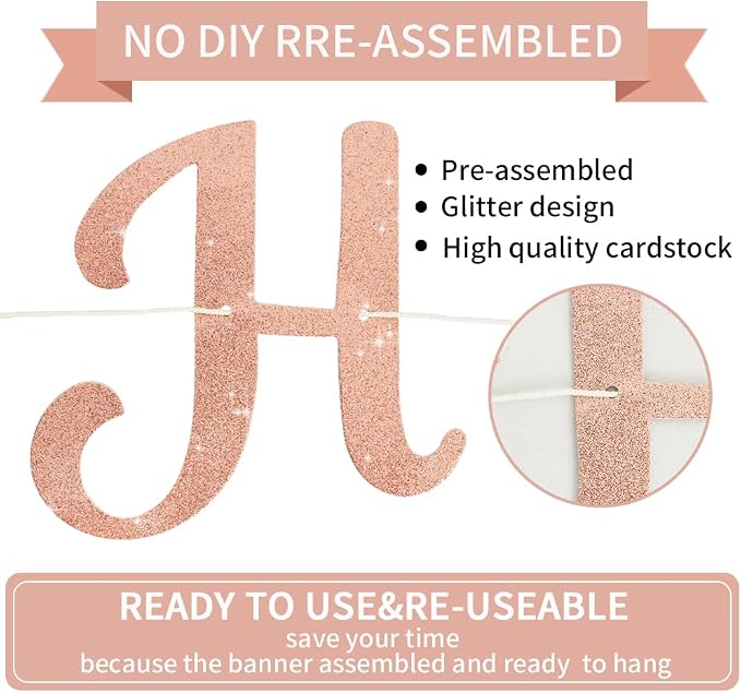 BEISHIDA Glitter Rose Gold Happy Birthday Banner Party Decoration NO DIY | - Image 2