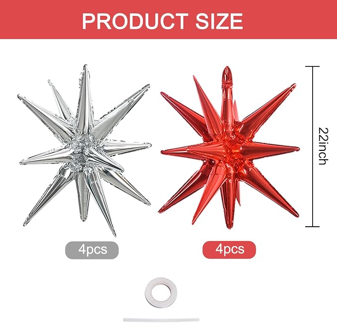 TONIFUL 8 Pcs Explosion Star Balloons Red Silver Foil Balloon Party Decor | 22 - Image 2