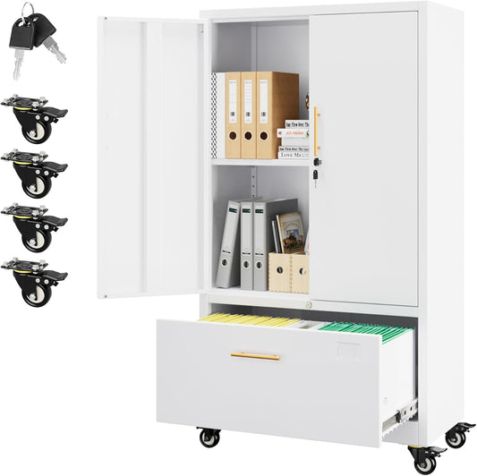 Aobabo Metal 1 Drawer Office File Cabinet with Lock and 2 Doors, Office Steel Files Cabinet with Wheels, Legal/Letter A4 Size, Assembly Required, White