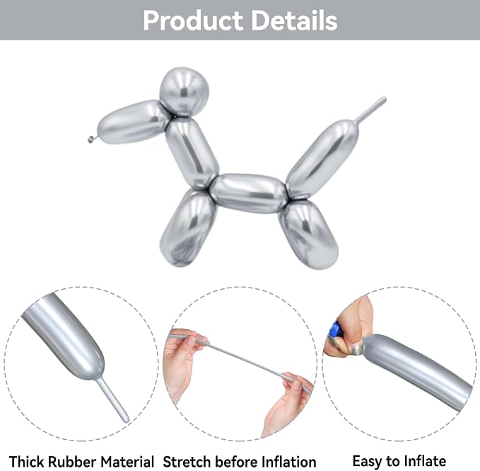 Metallic Silver Long Balloons Premium 260 Twisting Magic Balloons - Image 3
