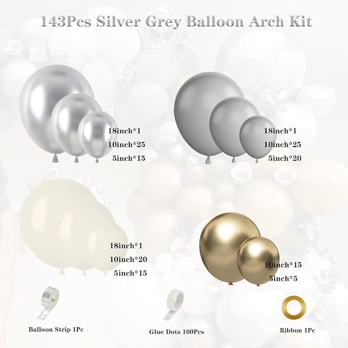 143Pcs Sand White Grey Metallic Silver Gold Balloon Garland Arch Kit | Latex - Image 2