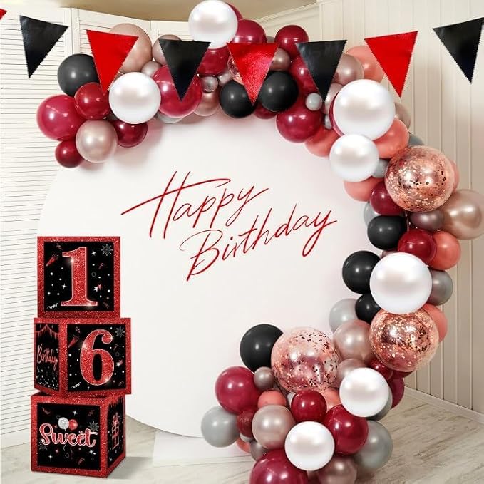 3 Pcs Happy 16th Birthday Decorations Red Black Balloon Box - Image 4