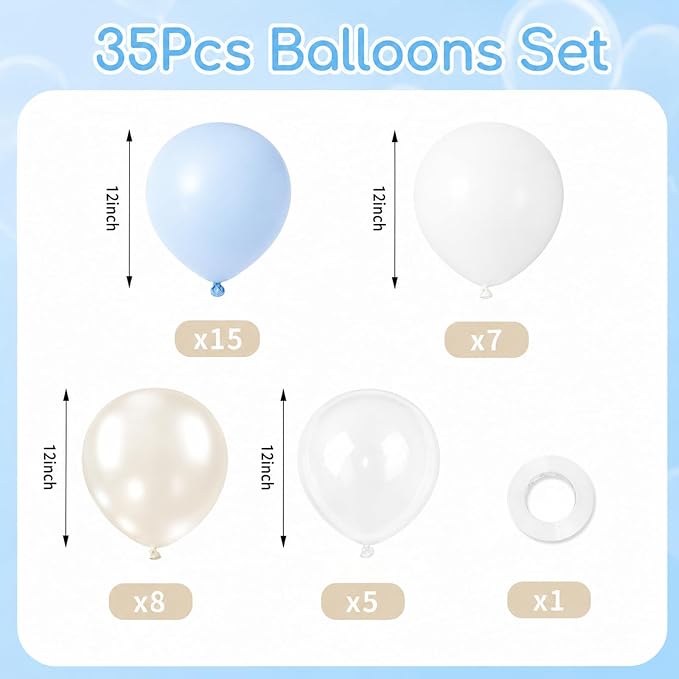 Blue and White Balloons, 12 Inch Blue White Clear Balloon, Pastel Blue Pearl - Image 2