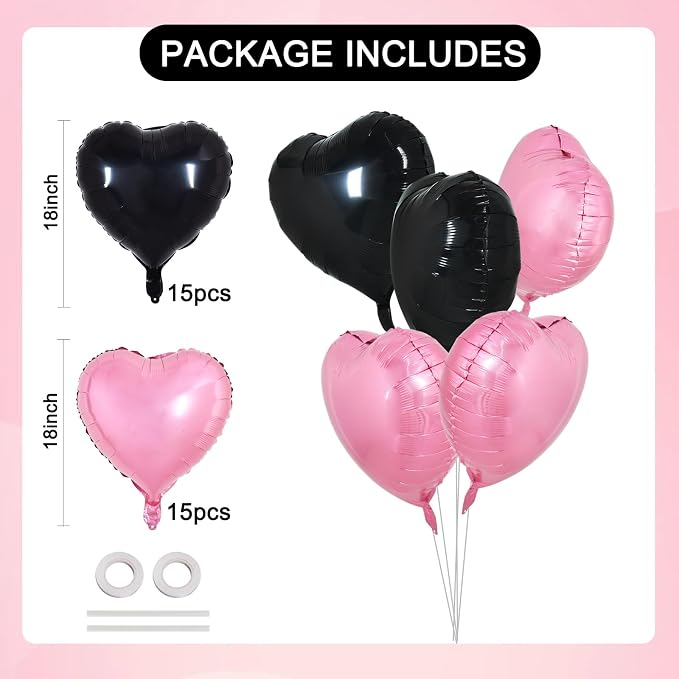 TONIFUL 30 Pcs Pink Black Heart Balloons 18 Inch Heart Shape Foil Balloon | - Image 2