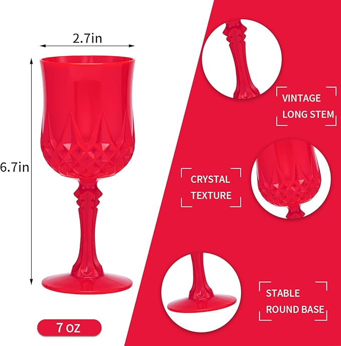 JLYLOL Plastic Vintage Wine Glasses 7OZ Plastic Goblets Vintage Drinking Glasses 12PCS Retro Wedding Glassware Water Goblets Reusable Drinking Cups for Party,Reception,Celebration,Bar,Whiskey(Red)