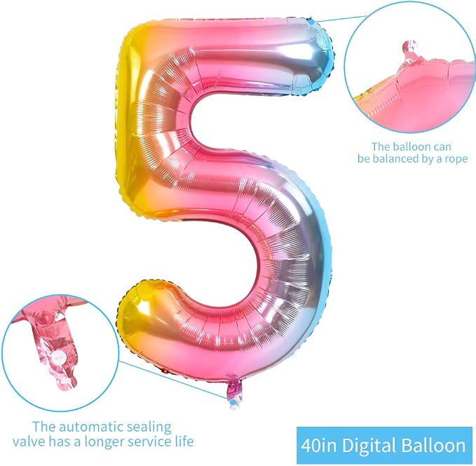 TONIFUL 40 Inch Rainbow Large Numbers Balloons 0-9, Number 5 Digital 5 Helium - Image 2