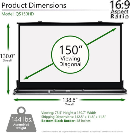 Elite Screens QuickStand 5-Second Series, 150-INCH 16:9, Manual Pull Up Projector Screen, Movie Home Theater 8K / 4K Ultra HD 3D Ready, 2-YEAR WARRANTY, QS150HD