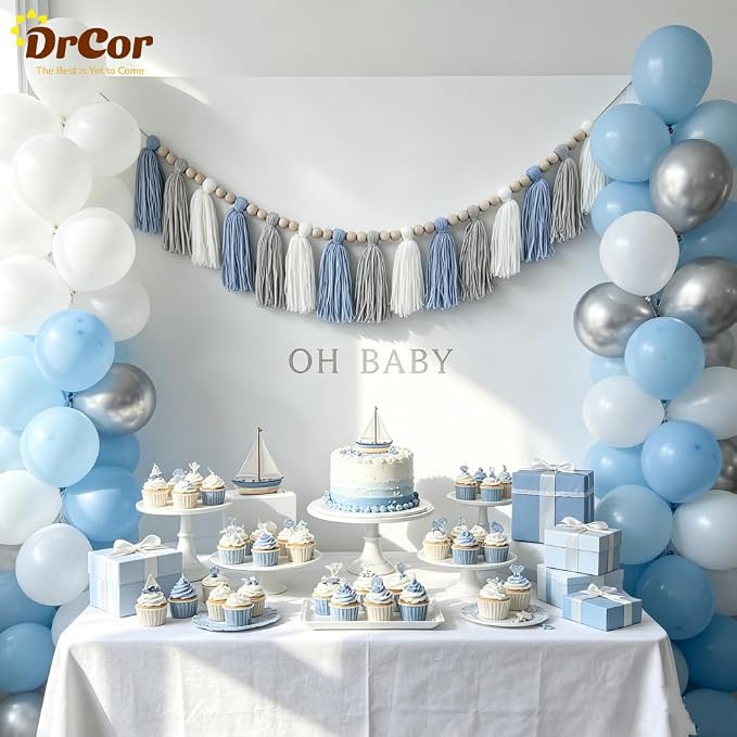 DrCor Coastal Blue White Tassel Garland – Boho Decor | Handmade yarn banner - Image 6