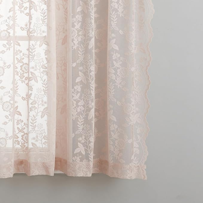 FINECITY Blush Pink Lace Curtains Rustic Leaf Floral W52xL45 Inch 2 Panels | - Image 7