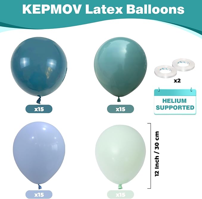 Dusty Blue and Green Balloons, 12 Inch Balloon Set - Image 2