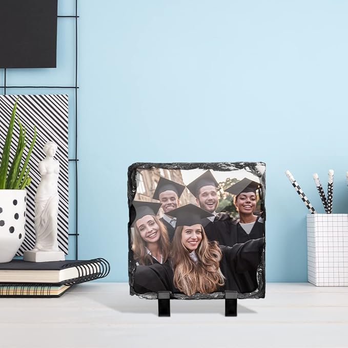 PYD Life 12 Pack Sublimation Photo Slates Rock Blanks 5.5 x 5.5 Inch Bulk Square Stone Frame White with Display Holder for Heat Transfer Printing