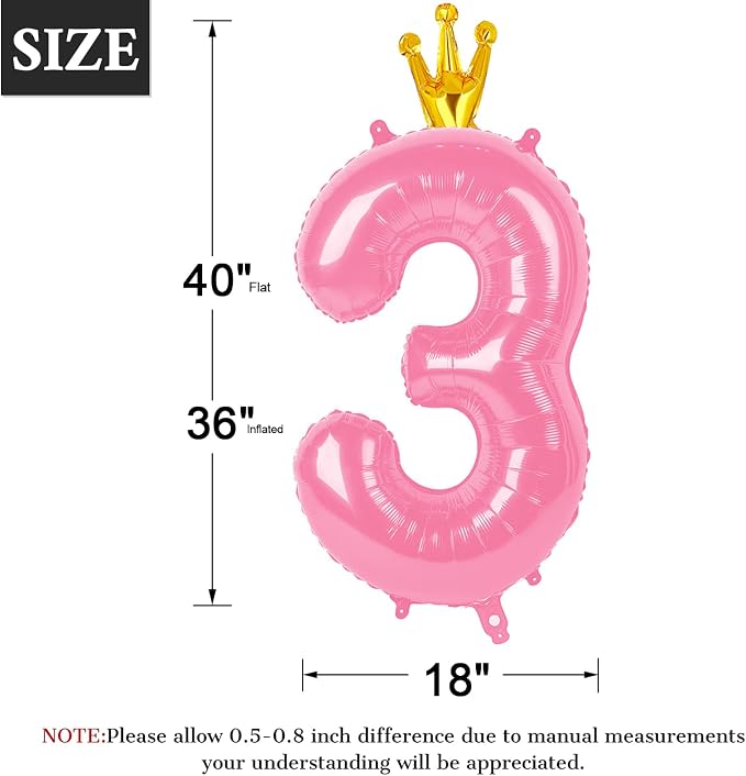 Pink Crown Number 3 Balloon 40 inch, Big Pink 3rd Birthday Party Decorations | - Image 2