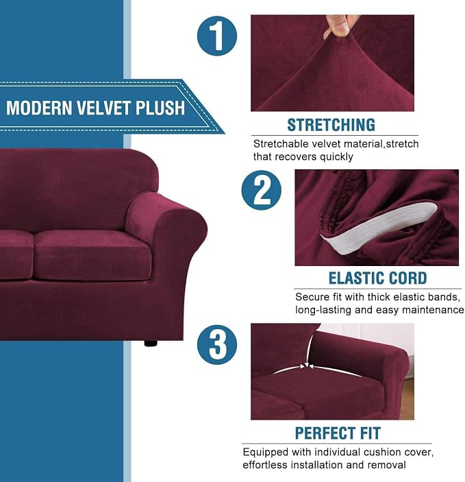 H.VERSAILTEX High Stretch Sofa Slipcover 4 Piece Cover Velvet Furniture - Image 3