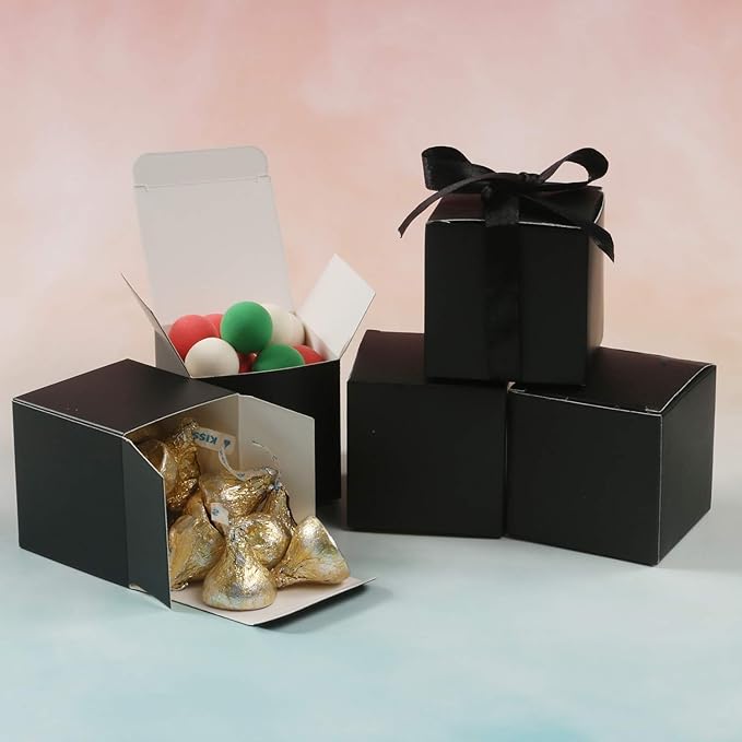 COTOPHER 100pcs Wedding Favor Boxes, Paper Gift Boxes 3x3x3 Inches Small Gift Boxes with Ribbons Small Boxes for Gifts, Crafting, Cupcake, Candy, Bridesmaid Proposal Boxes，Easy Assemble Boxes (Black)