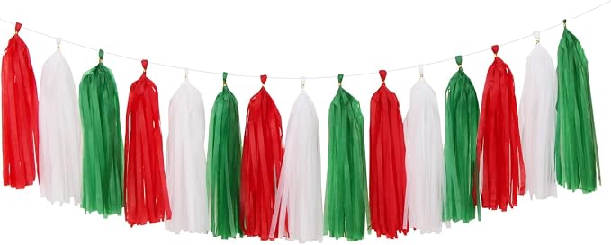 Red-Green White Christmas Party-Decorations Tassel-Garland -15pcs Mexico Italy by Panduola
