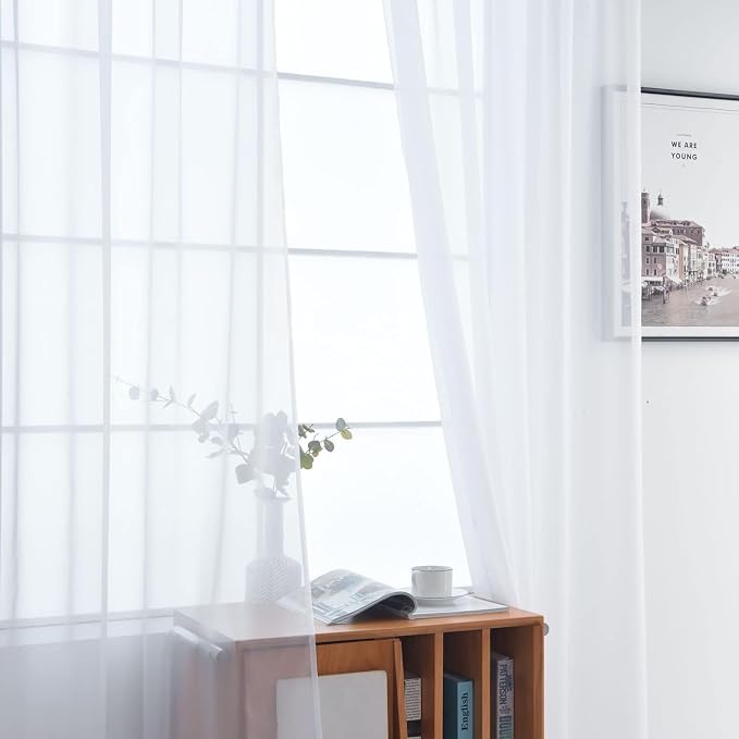 SpaceDresser Sheer White Curtains 4 Panels Rod Pocket Semi-Sheer Curtain 96 - Image 4
