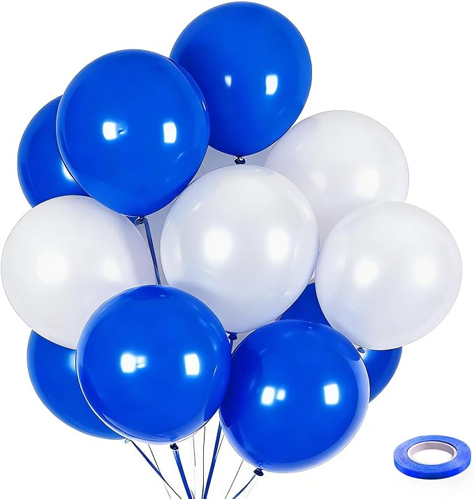 100pcs Royal Blue and White Balloons 12 Inch w/Ribbon by GBSAWER