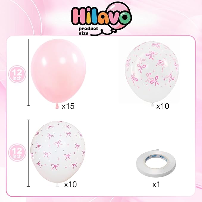 HILAVO Pink Bow Balloons, 12 Inch Pastel Light Pink Transparent White Bow Print - Image 2
