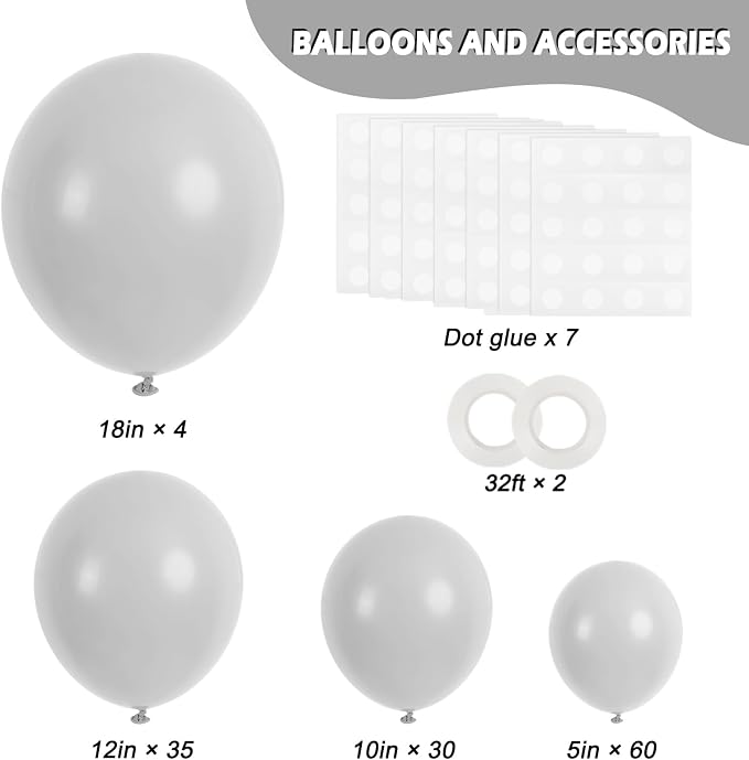 RUBFAC Gray Balloons Matte Gray Balloon Different Sizes 129pcs | Latex Balloon - Image 2