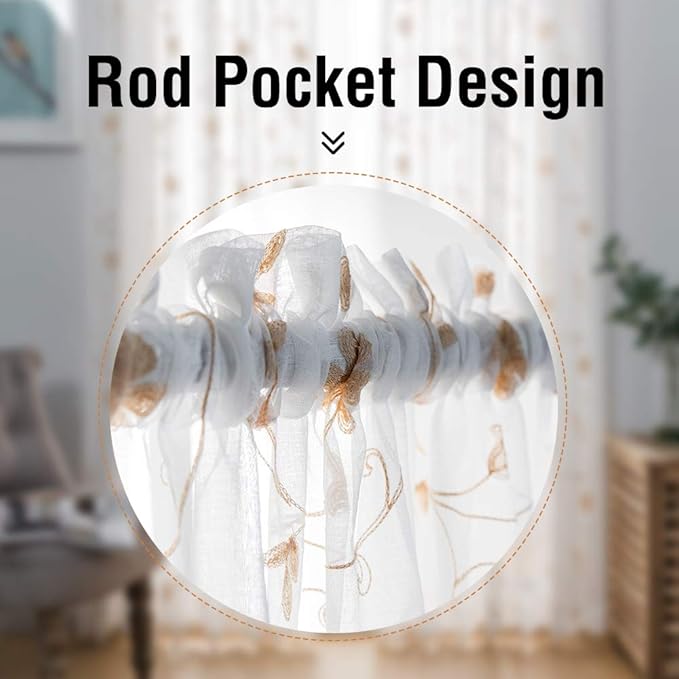 Floral Embroidery Sheer Curtains Beige 95 Inch Length, Rod Pocket Voile Drapes for Living Room, Bedroom, Window Treatments Semi Crinkle Curtain Panels for Yard, Patio, Villa, Set of 2, 52"x 95".