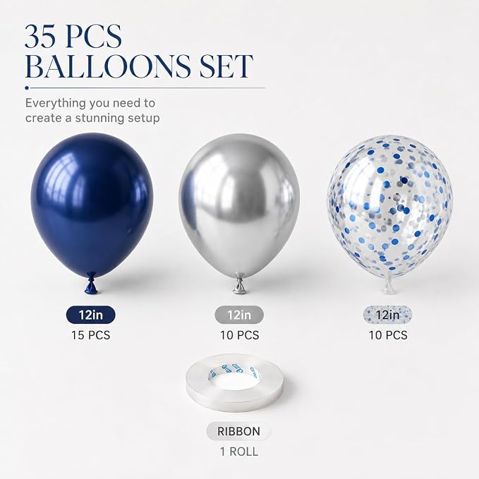Navy Blue and Silver Balloons, 12 Inch Dark Midnight Blue Metallic Silver Latex - Image 2
