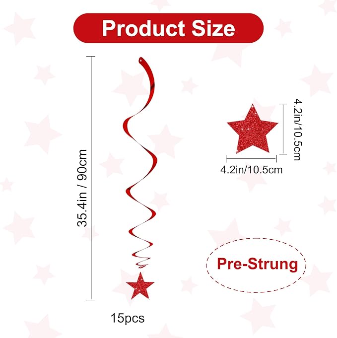 BEISHID Red Glitter Stars Hanging Swirls Pre-Strung Stars Hanging Decorations - Image 2