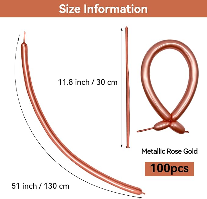 Metallic Rose Gold Long Balloons Premium 260 Twisting Animals Magic Balloons - Image 2