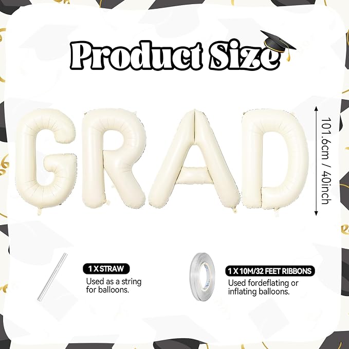 Biapian 40 Inch GRAD Balloons, Cream Letter Balloon, Large Banner - Image 2