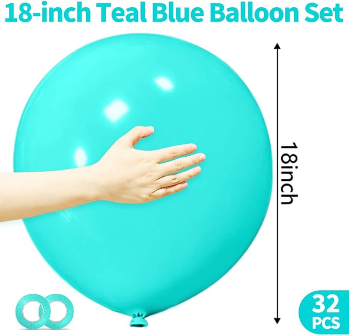 32Pcs Teal Blue Big Balloons 18 Inch, Round Large Blue Latex Party Balloons - Image 3