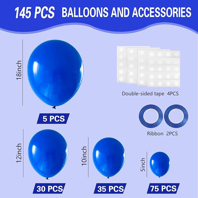 Royal Blue Balloons 145pcs Different Sizes 5in 10in 12in 18in Round Latex Blue - Image 2