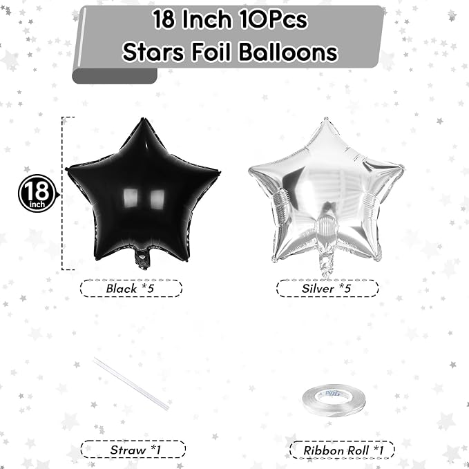 Black Silver Star Foil Balloons, 18 Inch Large Black and Metallic Silver Stars - Image 2