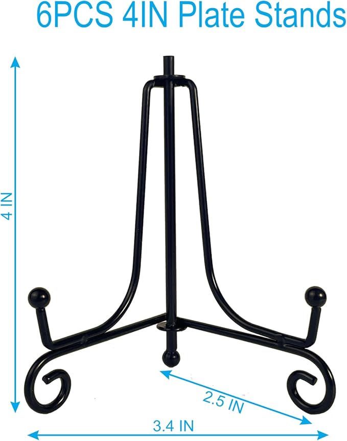 6PCS Premium Black Iron Plate Stands for Display 4 Inch, Decorative Solid Metal Plate Holders for Displaying, Mini Easel, Frame, Book, Card, Plaque, Bowl, Picture Stands for Display