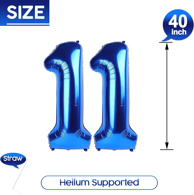 11 Balloon - Metallic Blue Birthday Number Balloons, 40 Inch Decorations | - Image 5