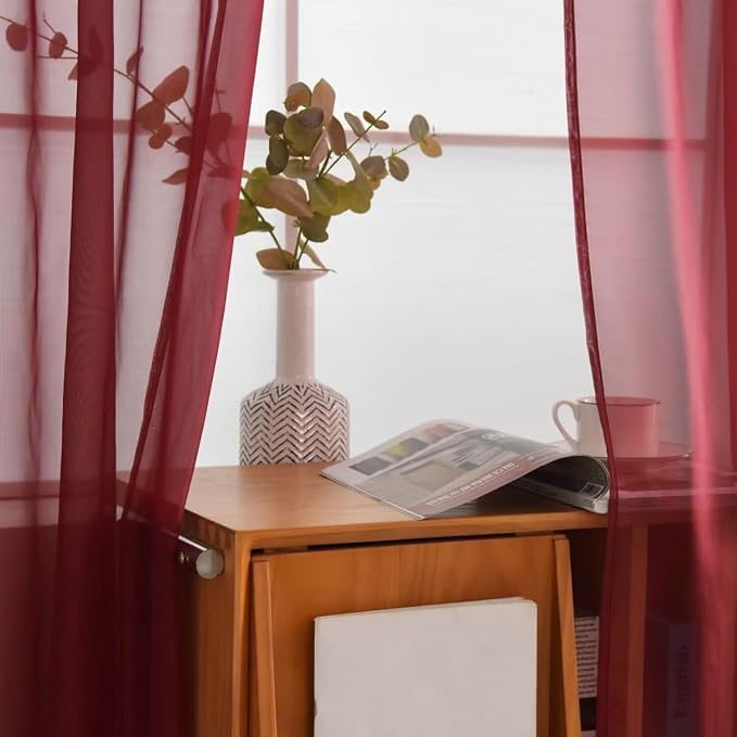 SpaceDresser Burgundy Sheer Curtains 4 Panels Rod Pocket Semi-Sheer Curtain 54 - Image 4