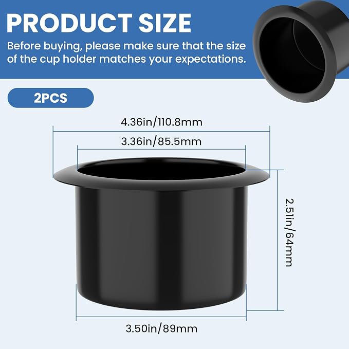 2Pcs Black Plastic Sofa Cup Holder | Recessed Cup Holder 110×64mm, 85mm Inner - Image 2
