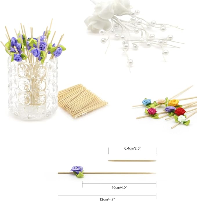 Minisland Purple Rose Flower Cocktail Picks, 4.7 Inch Long Bamboo Fancy - Image 2
