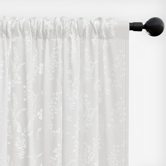 Anmao White Semi Sheer Light Filtering Extra Long Curtains 2 Panels, Flower - Image 8