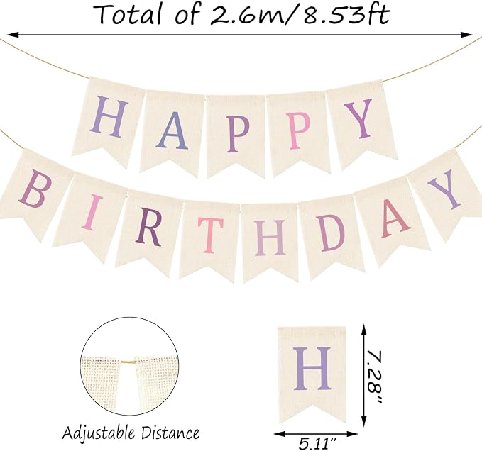 Doumeny Happy Birthday Burlap Banner Boho Birthday Garland Bunting Purple Pink - Image 2