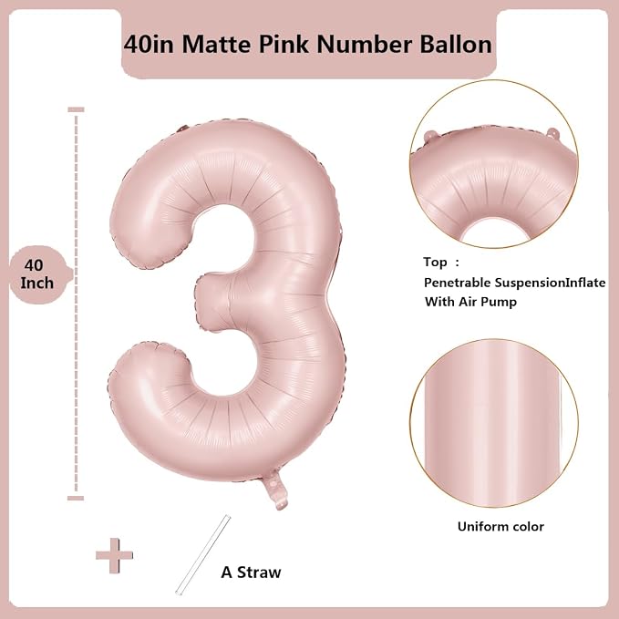 40 inch Pink Number Balloon Light Pink 3 Balloon Number 3 Balloon - Image 2