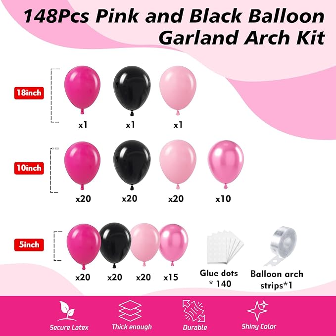 148Pcs Pink and Black Balloons Garland Arch Kit - Image 2