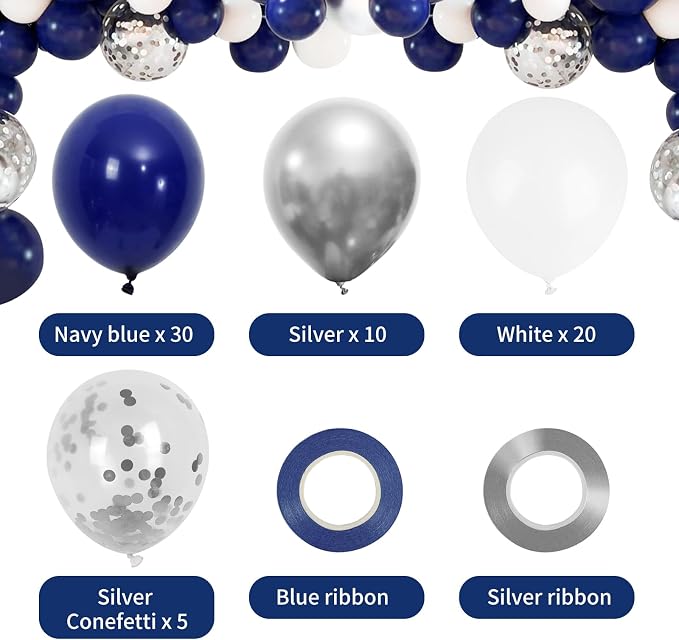 RUBFAC 65pcs Navy Blue Silver Balloons, 12 Inches Navy Blue White Metallic - Image 2