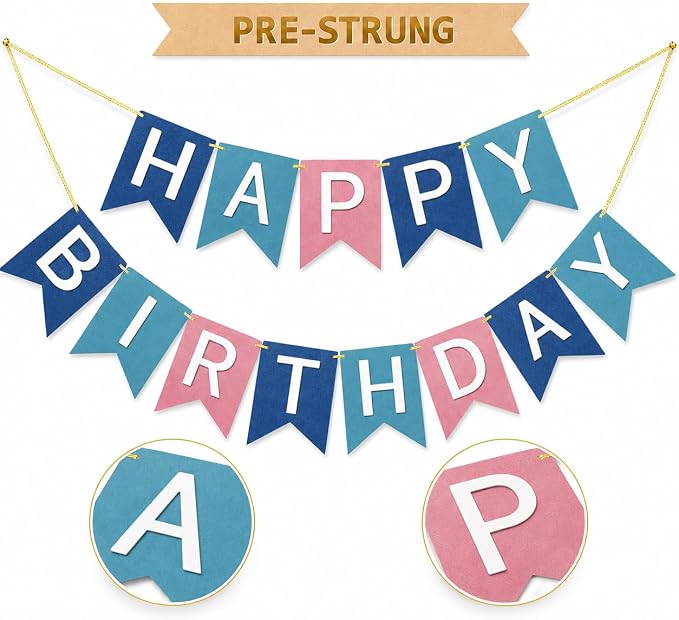 Letjolt Pink Blue Happy Birthday Banner Handmade Theme Party 13pcs | Pre-Strung - Image 2