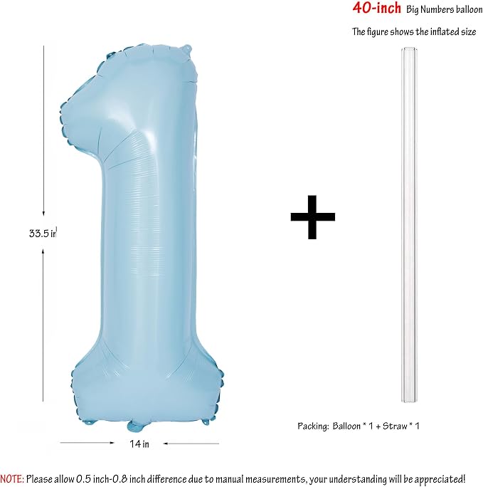 40 Inch Blue Number 1 Foil Balloon Light Blue Digital 1 Helium Balloon | - Image 2