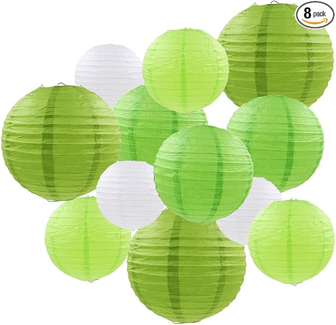 Green Paper Lanterns 12 Pcs Assorted Size of 6" 8" 10" 12" Chinese Round Paper by Famolay