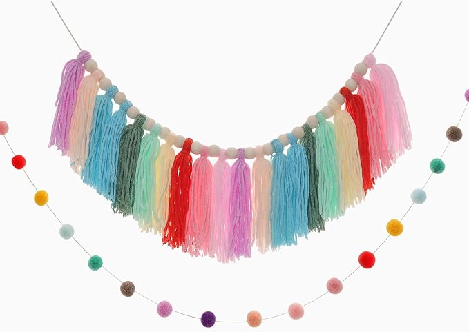 Avxdbr 2Pcs Boho Rainbow Tassel Garland Colorful Pom Pom Tassel Banner | 2-in-1 by Unknown